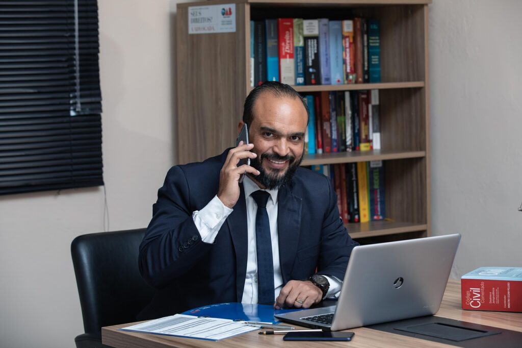 Lawyer in office on phone call